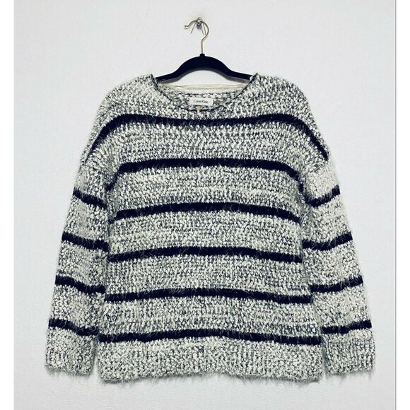 Calvin Klein Sweater Womens Medium Birch Black Striped Chenille Knit Slouchy - Picture 1 of 6
